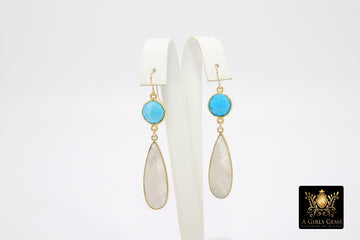 14 K Gold Filled Earrings, Blue Turquoise and Rainbow Moonstone Gemstones, Dangle Teardrop Wire Hooks - A Girls Gems